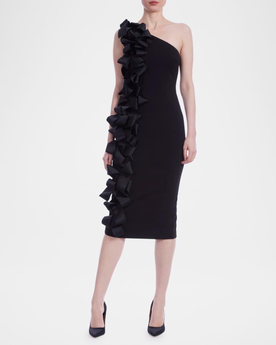 One-Shoulder Ruffle Ribbon Midi Sheath Dress product image