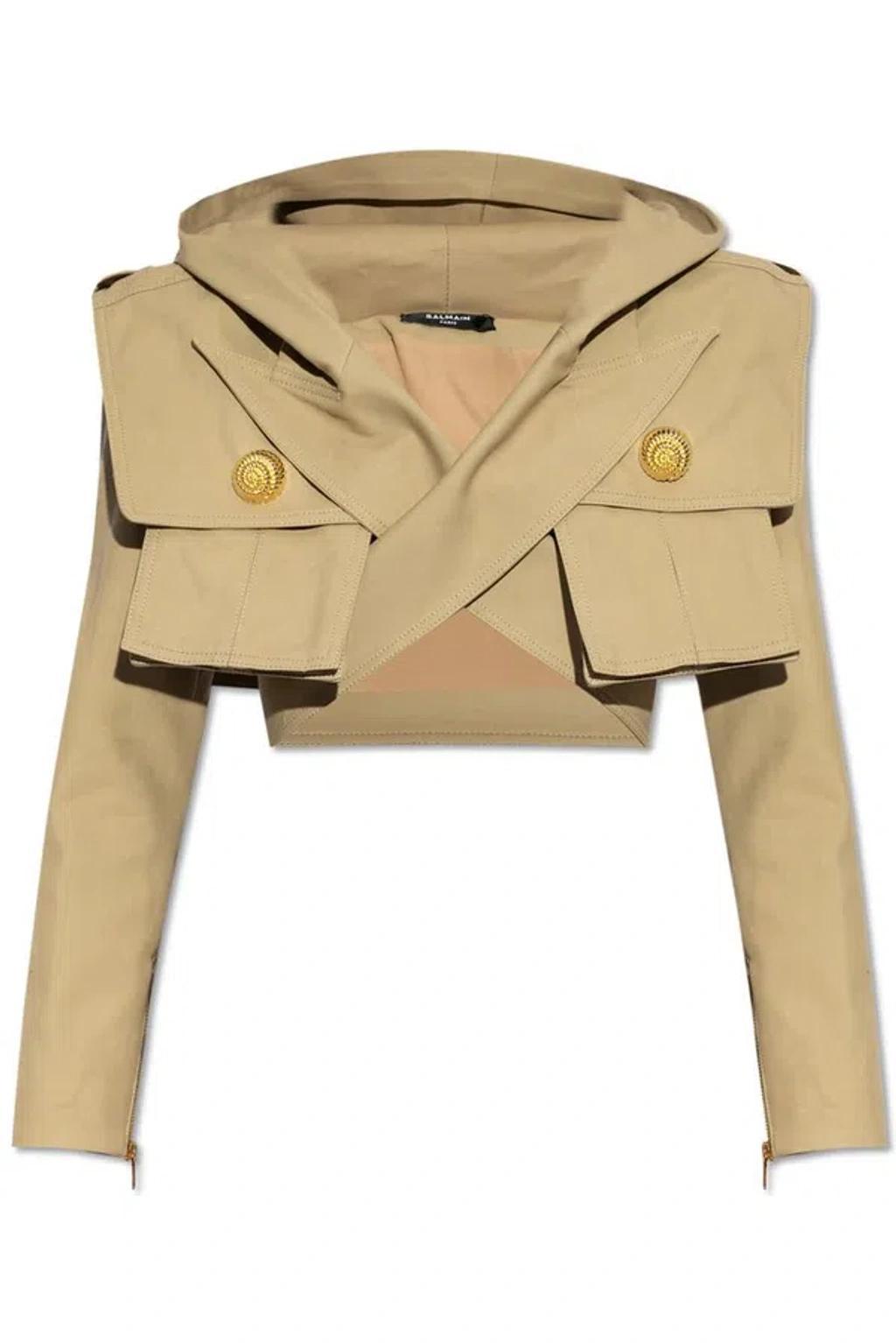 BALMAIN Cropped Hooded Jacket In Beige Product Image