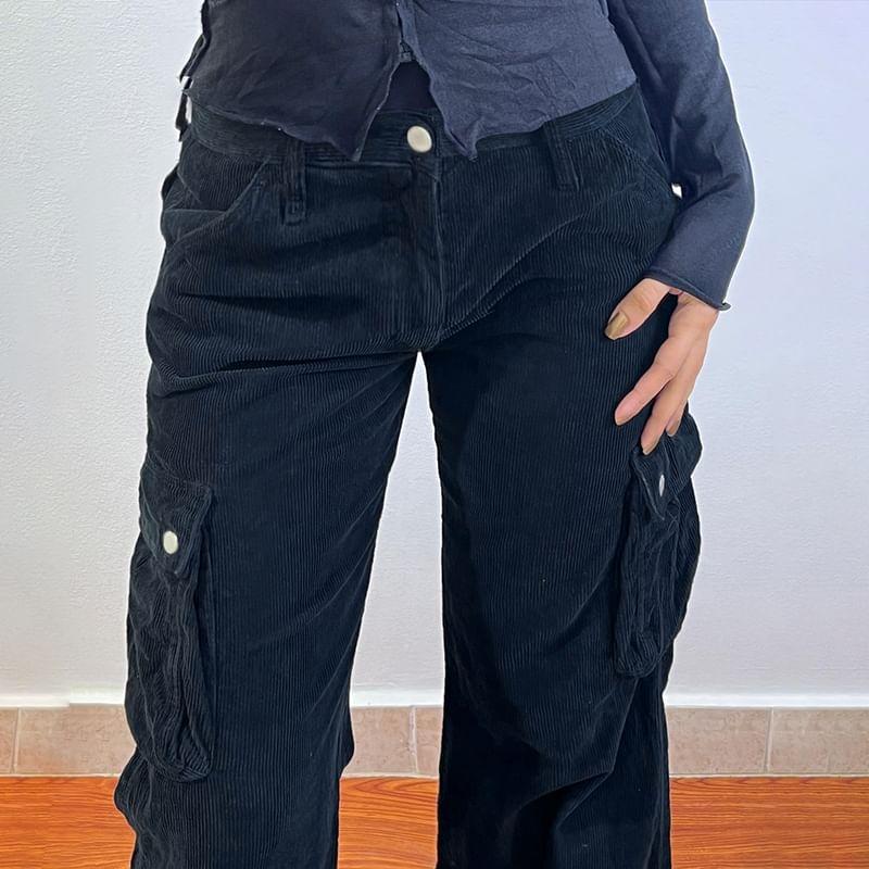 Low Rise Plain Corduroy Wide Leg Cargo Pants Product Image