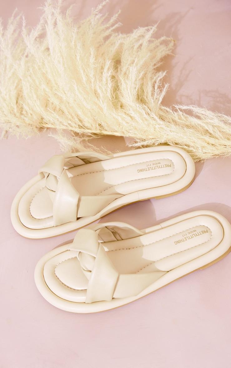 Cream Wide Fit Real Leather Round Toe Thick Woven Strap Flat Sandals Product Image