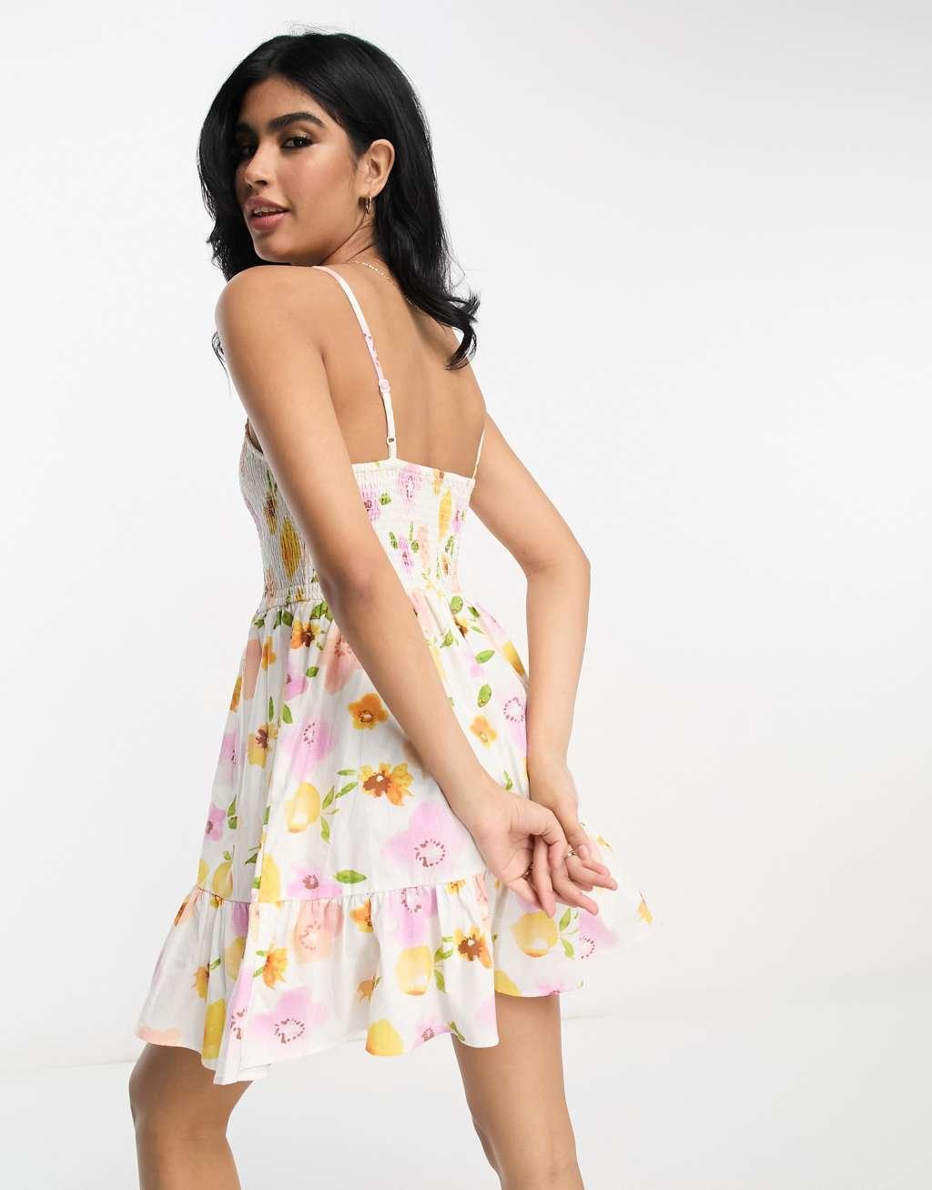 ASOS DESIGN square neck shirred mini sundress in floral fruit print Product Image