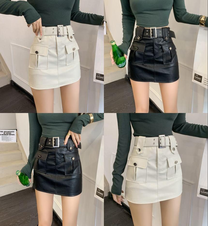 High Waist Plain Faux Leather Mini Pencil Skirt Product Image