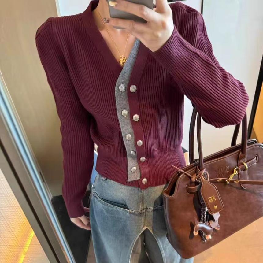 V-Neck Two-Tone Double-Breasted Cardigan Product Image