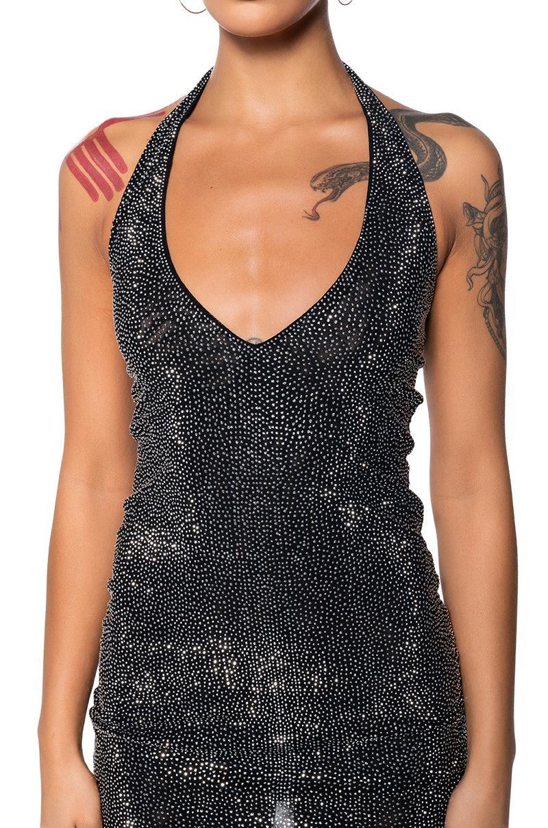 SHES GLOWING RHINESTONE MINI DRESS IN BLACK Product Image