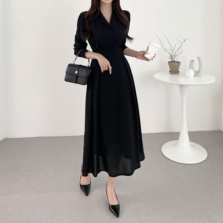 Long-Sleeve Plain Midi A-Line Shirt Dress Product Image