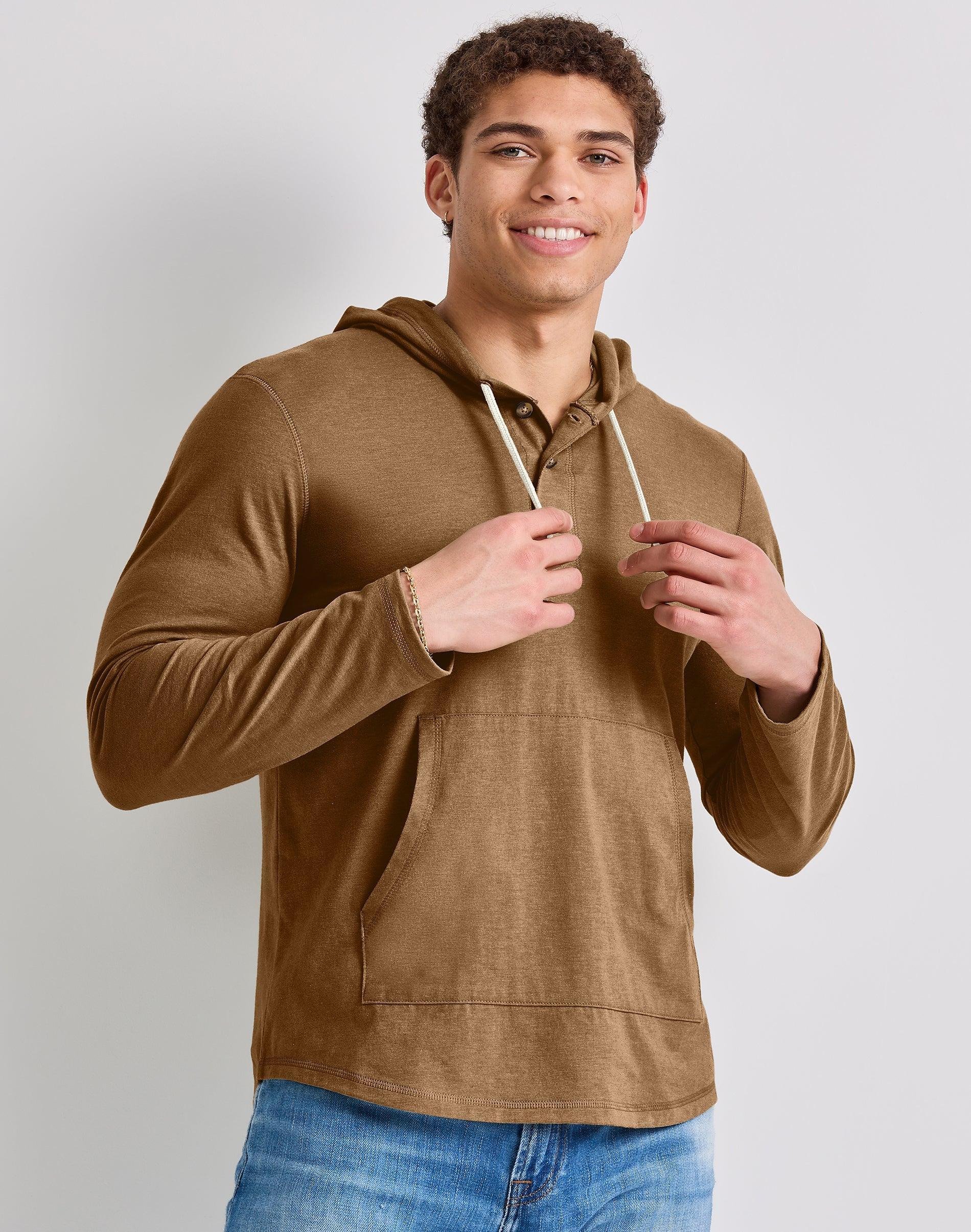 Mens Hanes Originals Cotton Henley Hoodie Light Silver Product Image