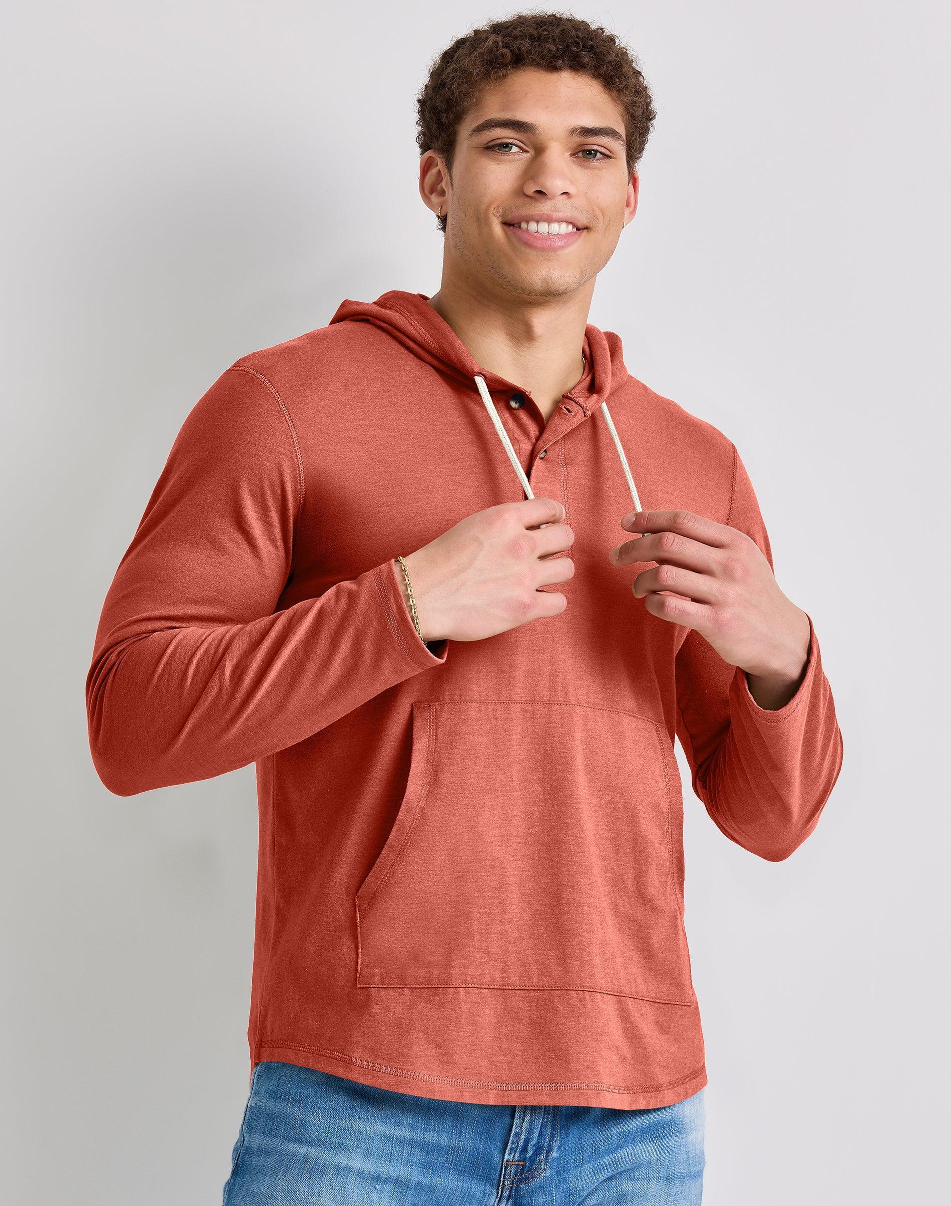 Mens Hanes Originals Cotton Henley Hooded Sweatshirt Product Image