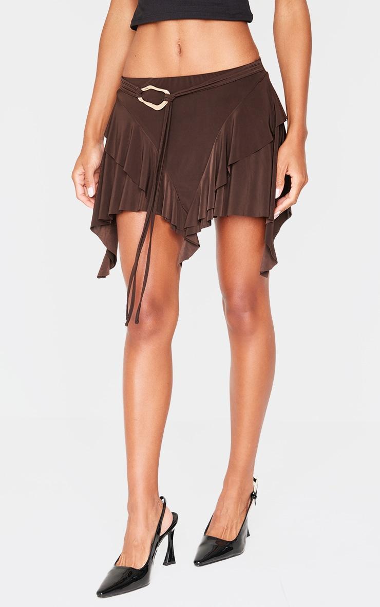 Chocolate Belt Detail Slinky Jersey Ruffle Mini Skirt Product Image