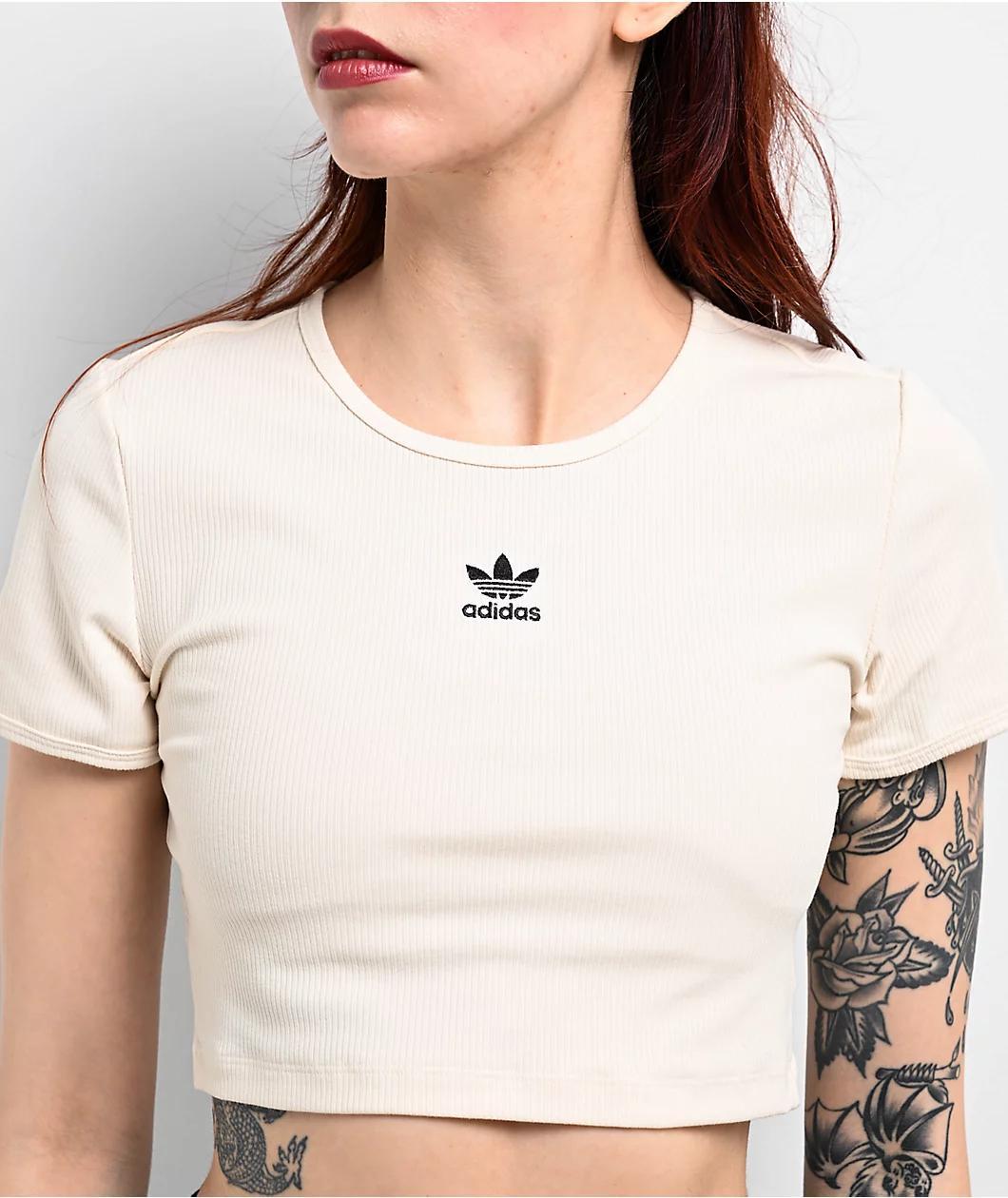 adidas Essentials Cream Ribbed Crop T-Shirt Product Image