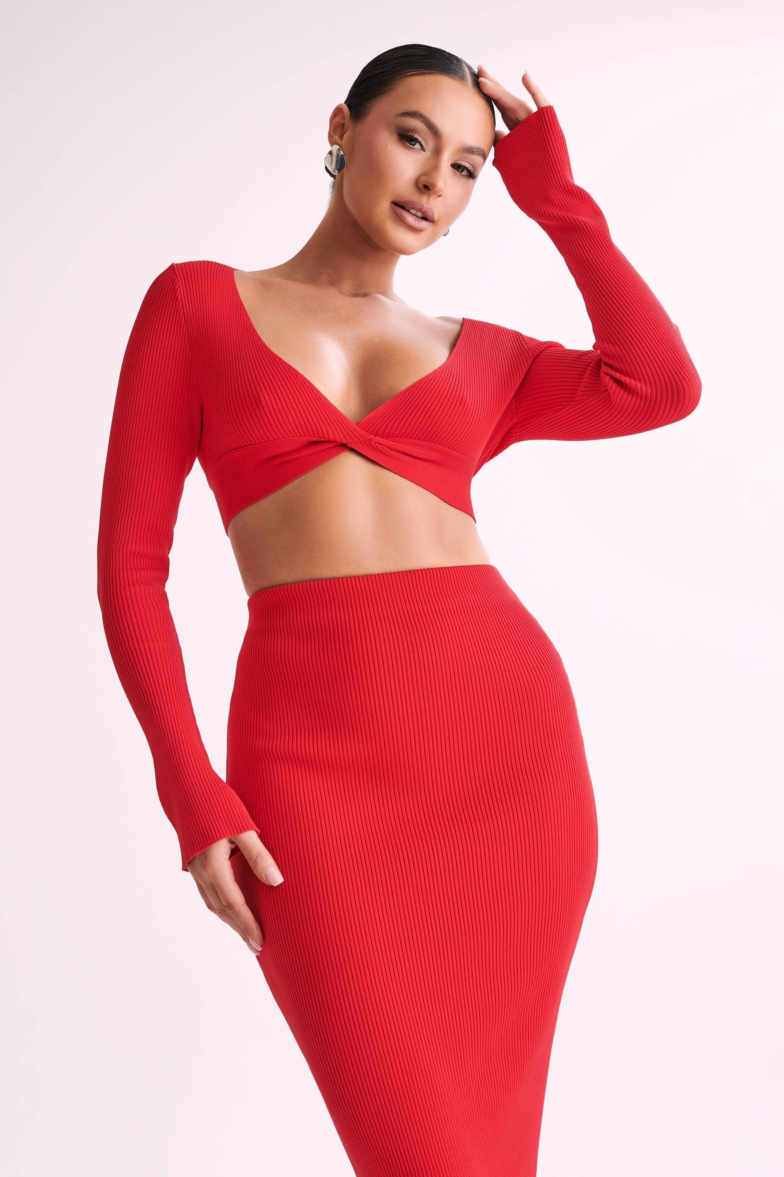 Kaesha Long Sleeve Twist Front Knit Top - Red Product Image