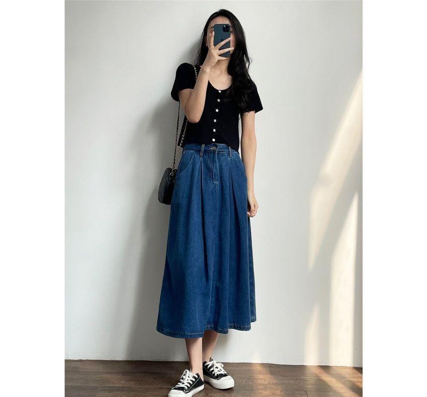 High Waist Washed Midi A-Line Denim Skirt Product Image