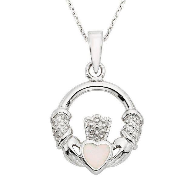 Lab-Created Opal Sterling Silver Claddagh Pendant Necklace, Womens White Product Image