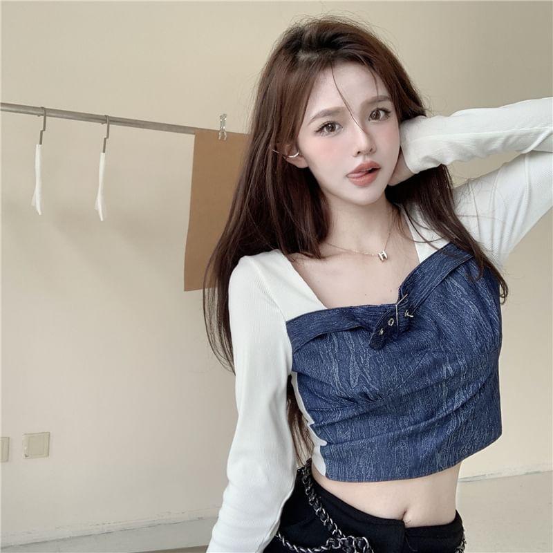 Mock Two-Piece Long-Sleeve Square-Neck Denim Buckled Top Product Image