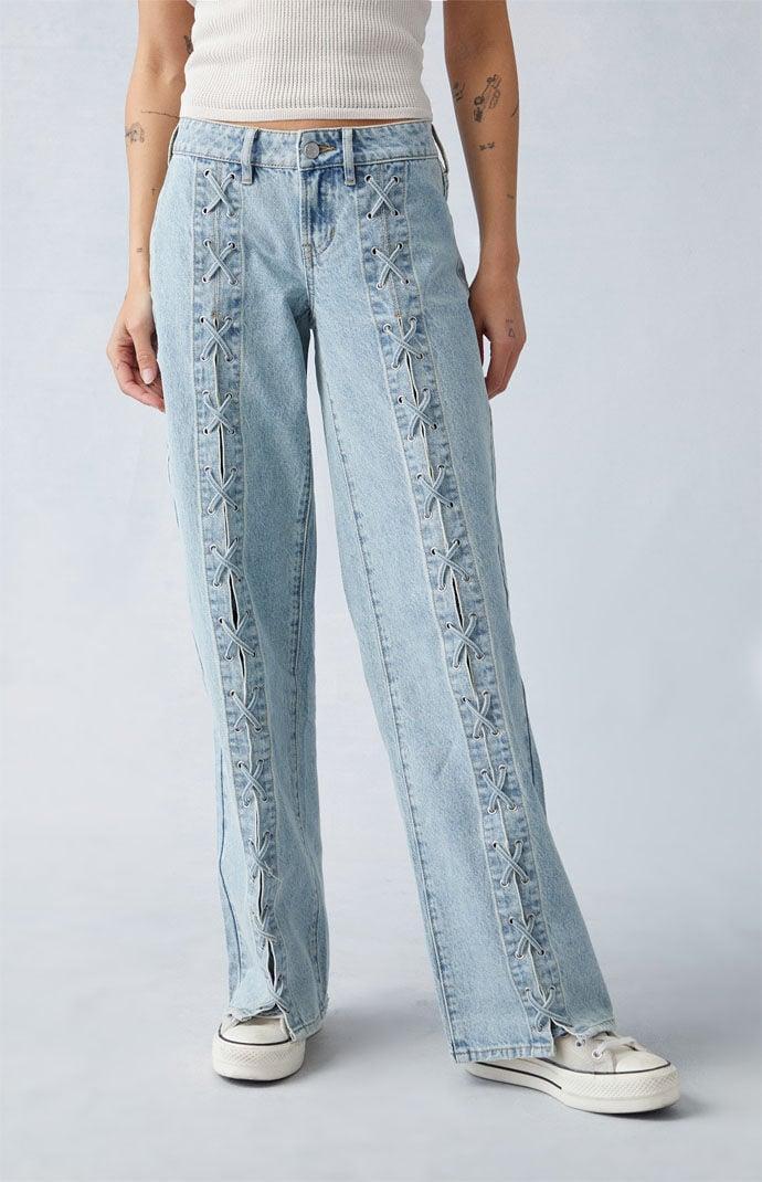 Women's Light Indigo Lace-Up Low Rise Wide Leg Jeans Product Image