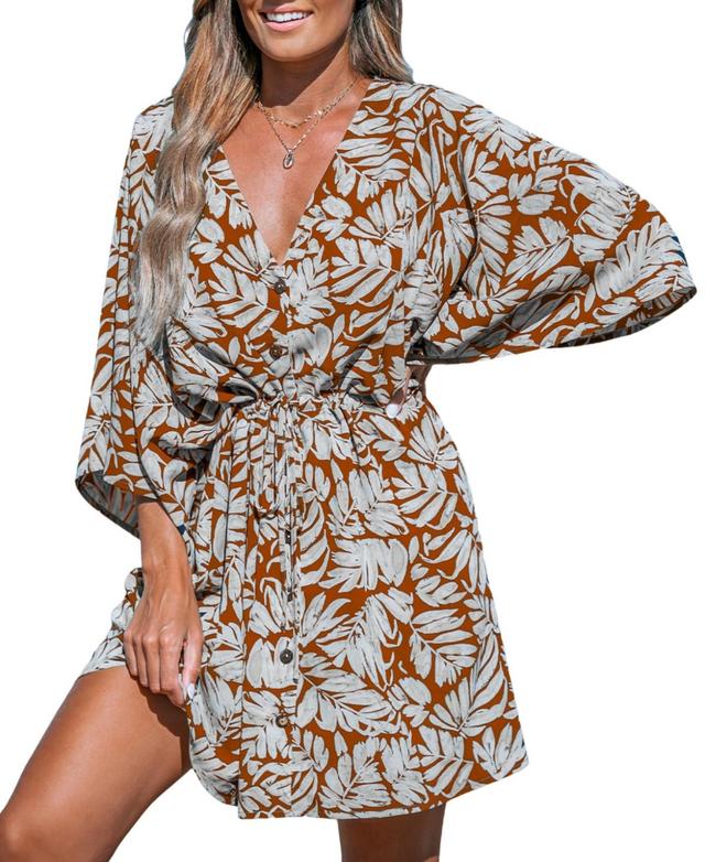 Cupshe Womens Tropical Leaf Print Tie Waist Mini Beach Dress Product Image