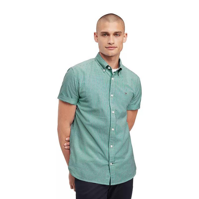 Mens Tommy Hilfiger Stretch Short Sleeve Oxford Button-Down Shirt Blue Product Image