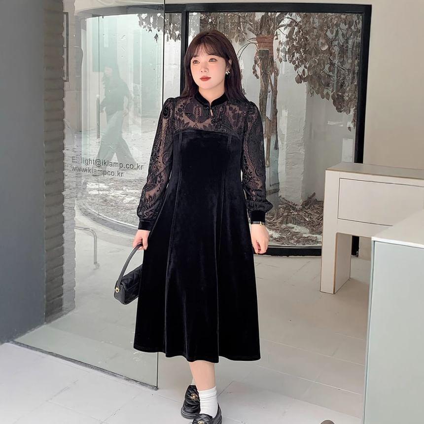 Plus Size Long-Sleeve Mandarin Collar Print Panel Velvet Midi A-Line Dress Product Image