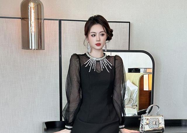 Long-Sleeve Round Neck Rhinestone Mini A-Line Dress Product Image