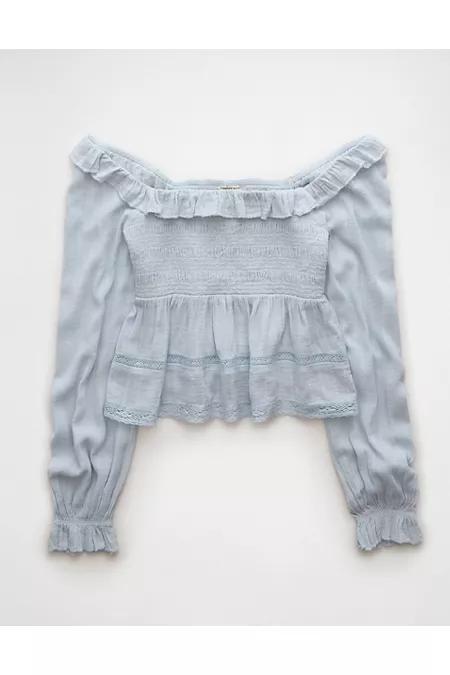 AE Long-Sleeve Smocked Eyelet Shirt Women's Product Image