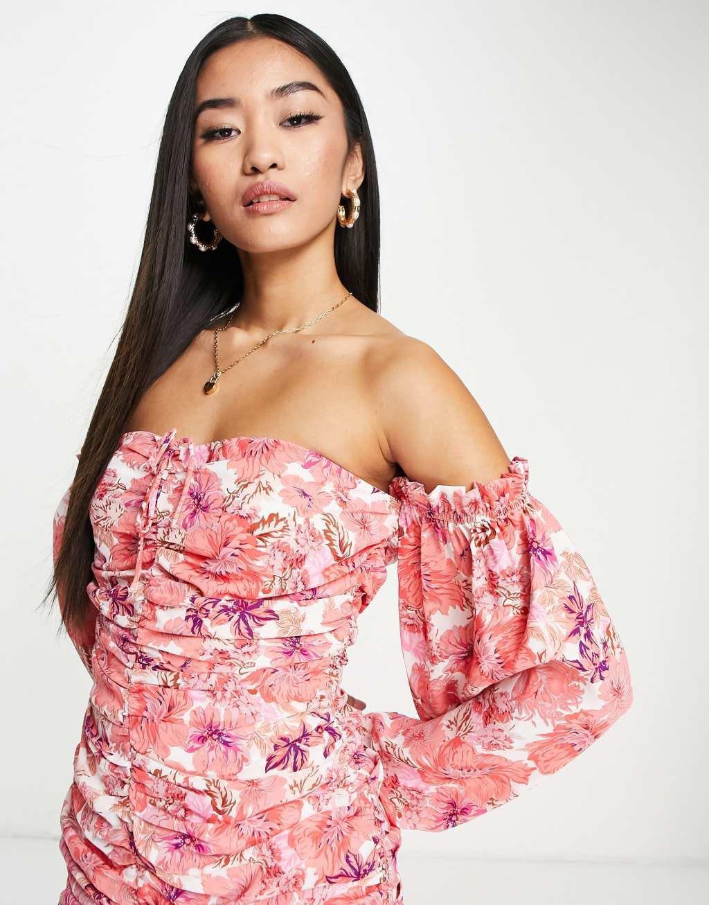 Love Triangle ruched bardot mini dress in bold pink floral Product Image