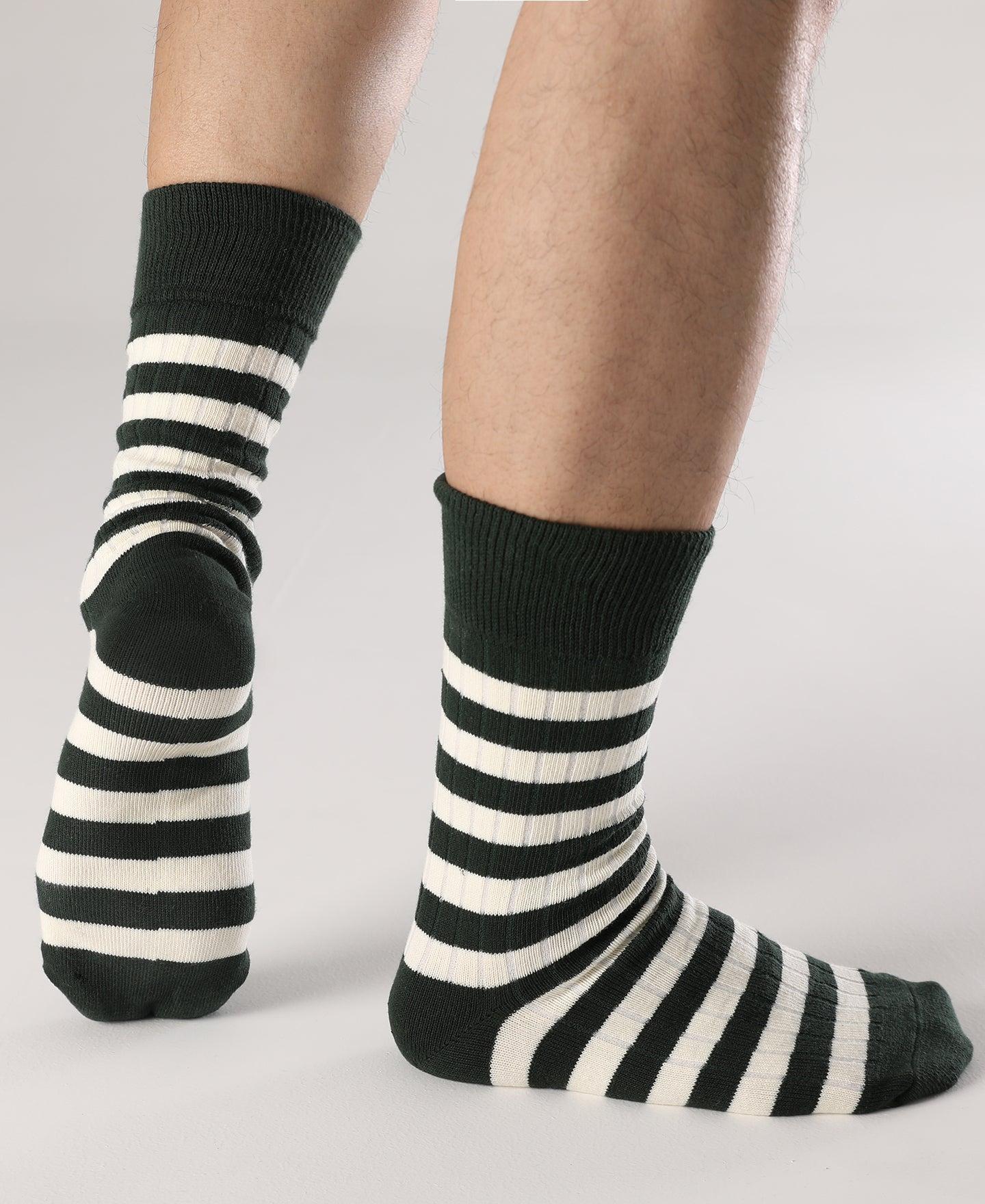 Retro Striped Cotton Socks - Green/White Product Image