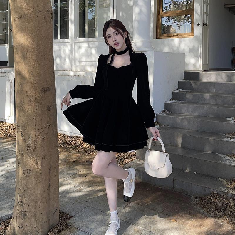 Set: Long-Sleeve Plain Velvet Mini A-Line Dress +  Scarf Product Image