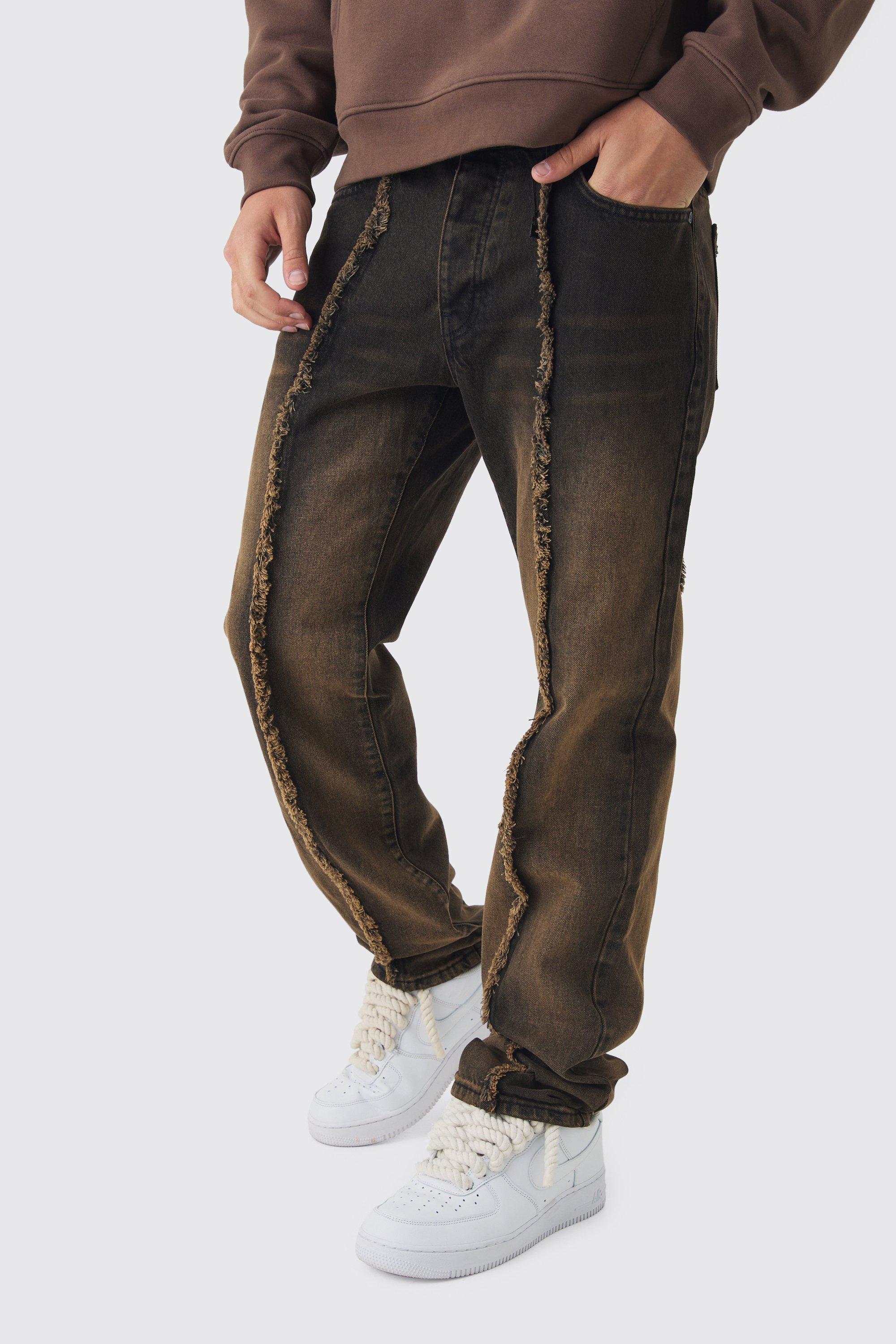 Straight Leg Brown Tint Raw Seam Jeans | boohooMAN USA Product Image