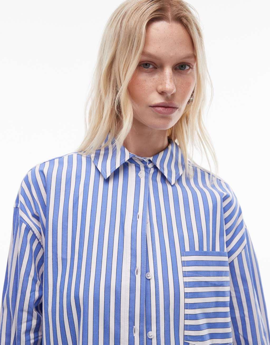 Topshop oversized shirt in blue wide stripe Product Image