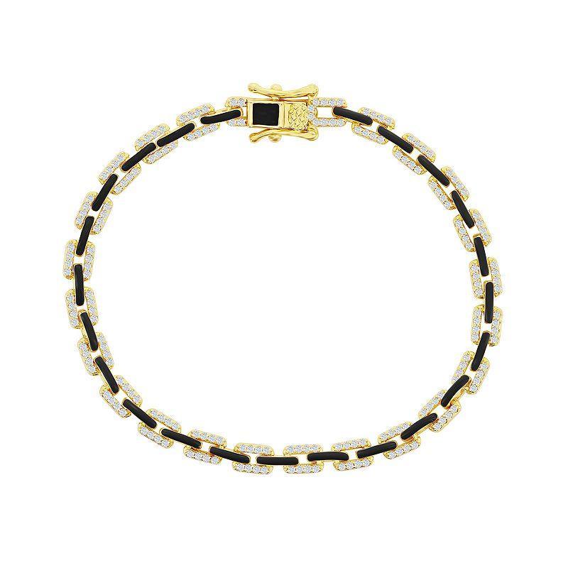 Argento Bella 14k Gold Over Silver Black Enamel & Cubic Zirconia Link Bracelet, Womens Gold Tone Black Product Image