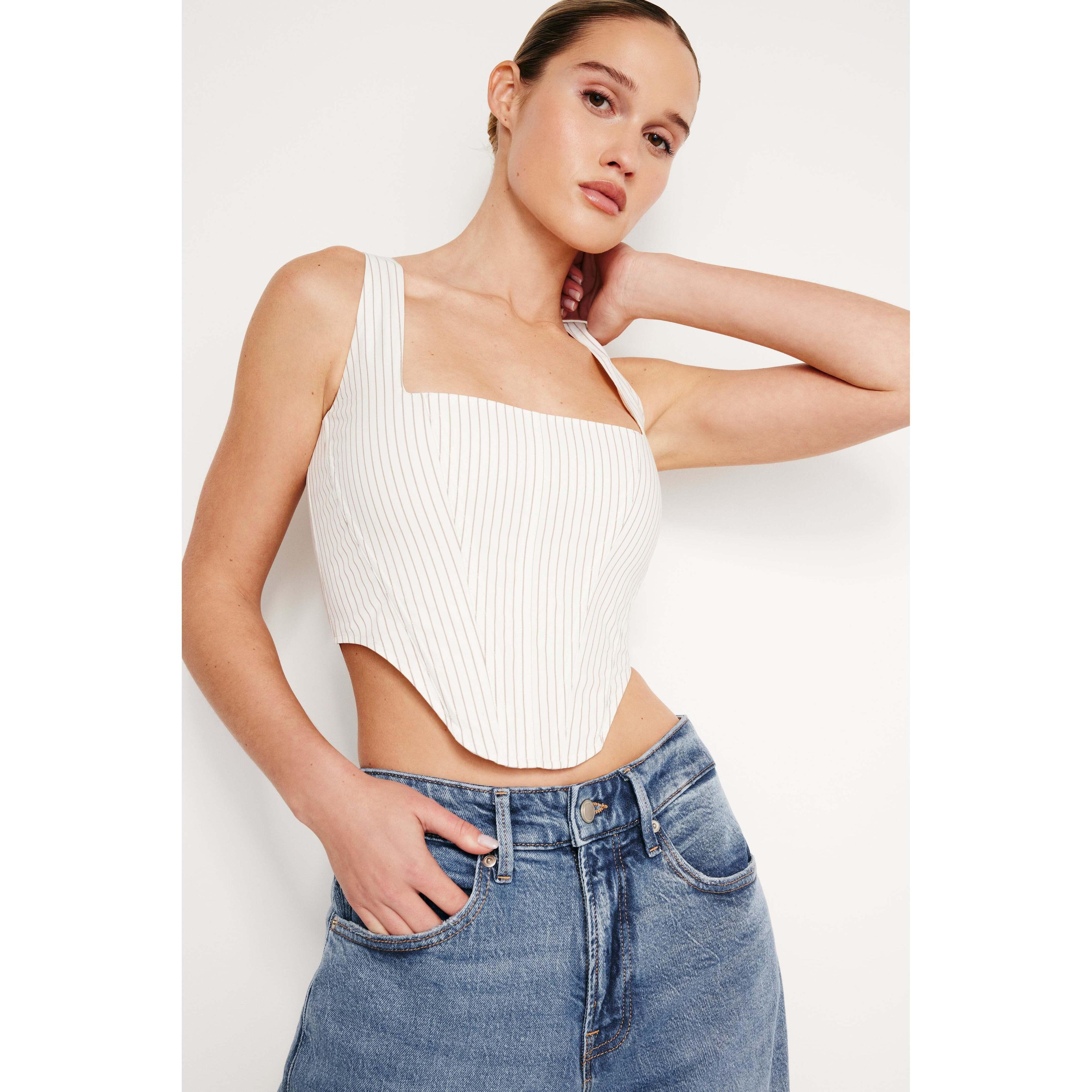 Womens Poplin Corset Top | Putty Pencil Stripe, Size 5XL | Good American by Khlo Kardashian product image