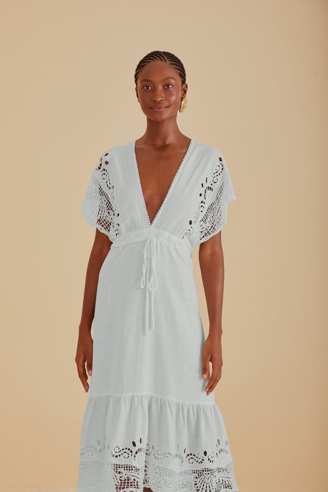 Off-White Embroidered Guipure Euroflax™ Premium Linen Midi Dress Product Image