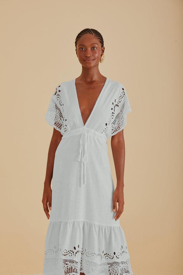 Off-White Embroidered Guipure Euroflax Premium Linen Midi Dress, OFF-WHITE / S Product Image