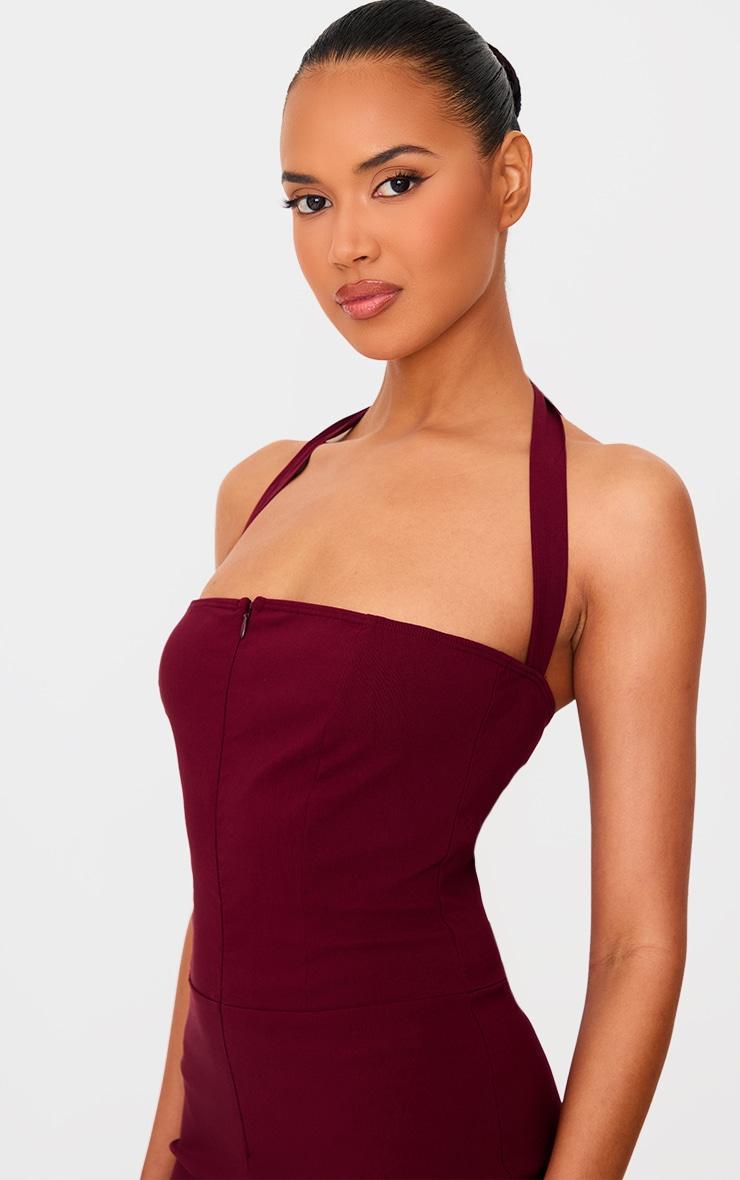 Burgundy Stretch Woven Thick Halterneck Strap Straight Leg Jumpsuit Product Image