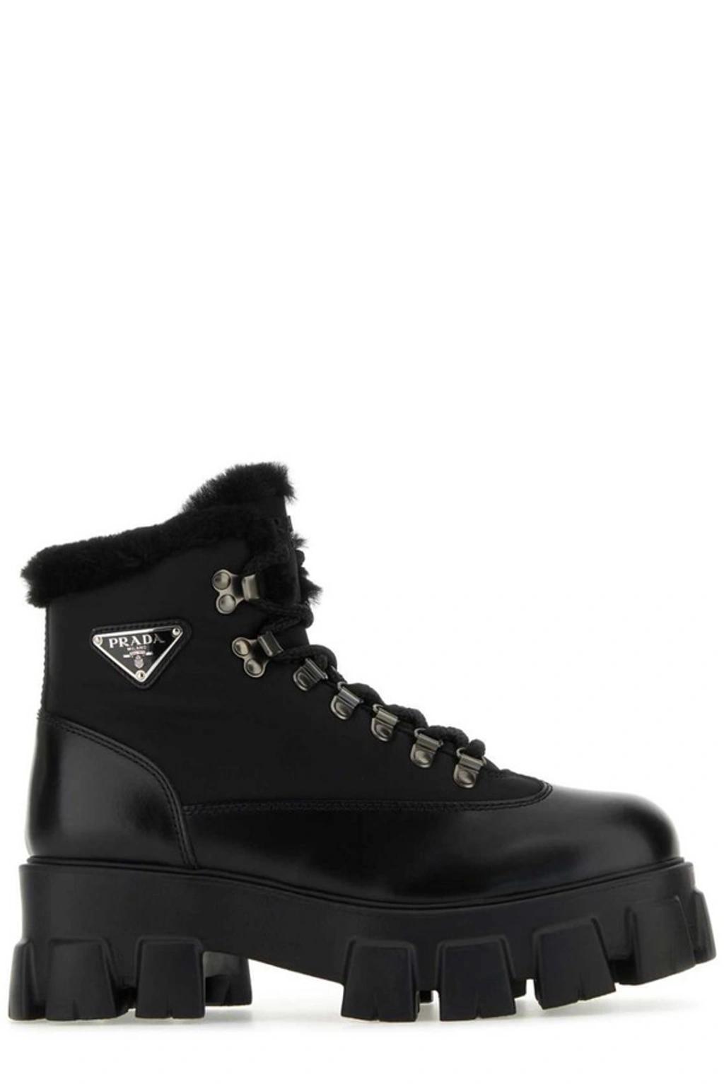 Triangle-logo Leather Combat Boots In Black product image