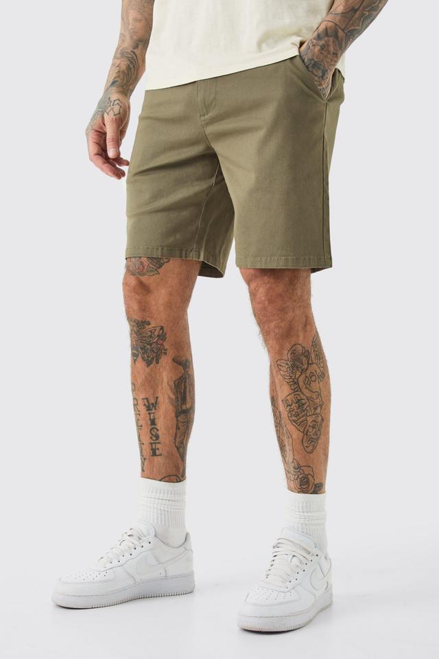 Tall Fixed Waist Slim Fit Chino Shorts In Khaki | boohooMAN USA Product Image