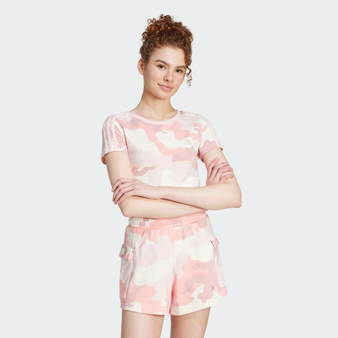 adidas Essentials 3-Stripes Camo Print Baby Tee Sandy Pink S Womens Product Image