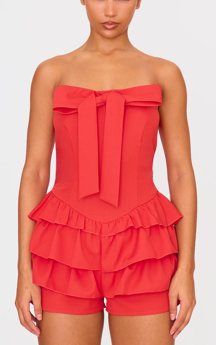 Red Bandeau Bow Detail Bloomer Skort Romper Product Image