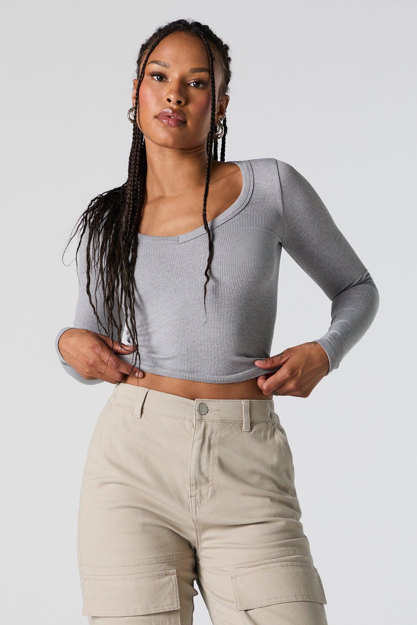 Seamless Ribbed V-Neck Long Sleeve Crop Top Female Product Image