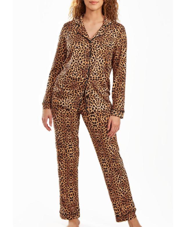 iCollection Womens Chiya Modal Leopard Pajama Pant Set with Button Down Collar, 2 Piece Product Image