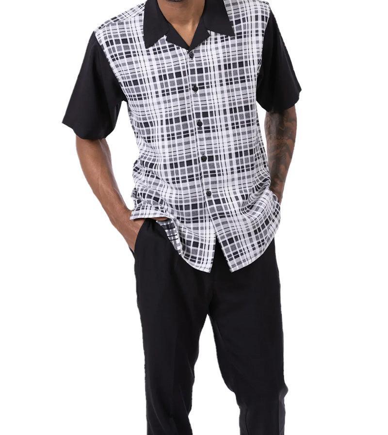 (3XL/46) Black Plaid Walking Suit 2 Piece Short Sleeve Set Product Image