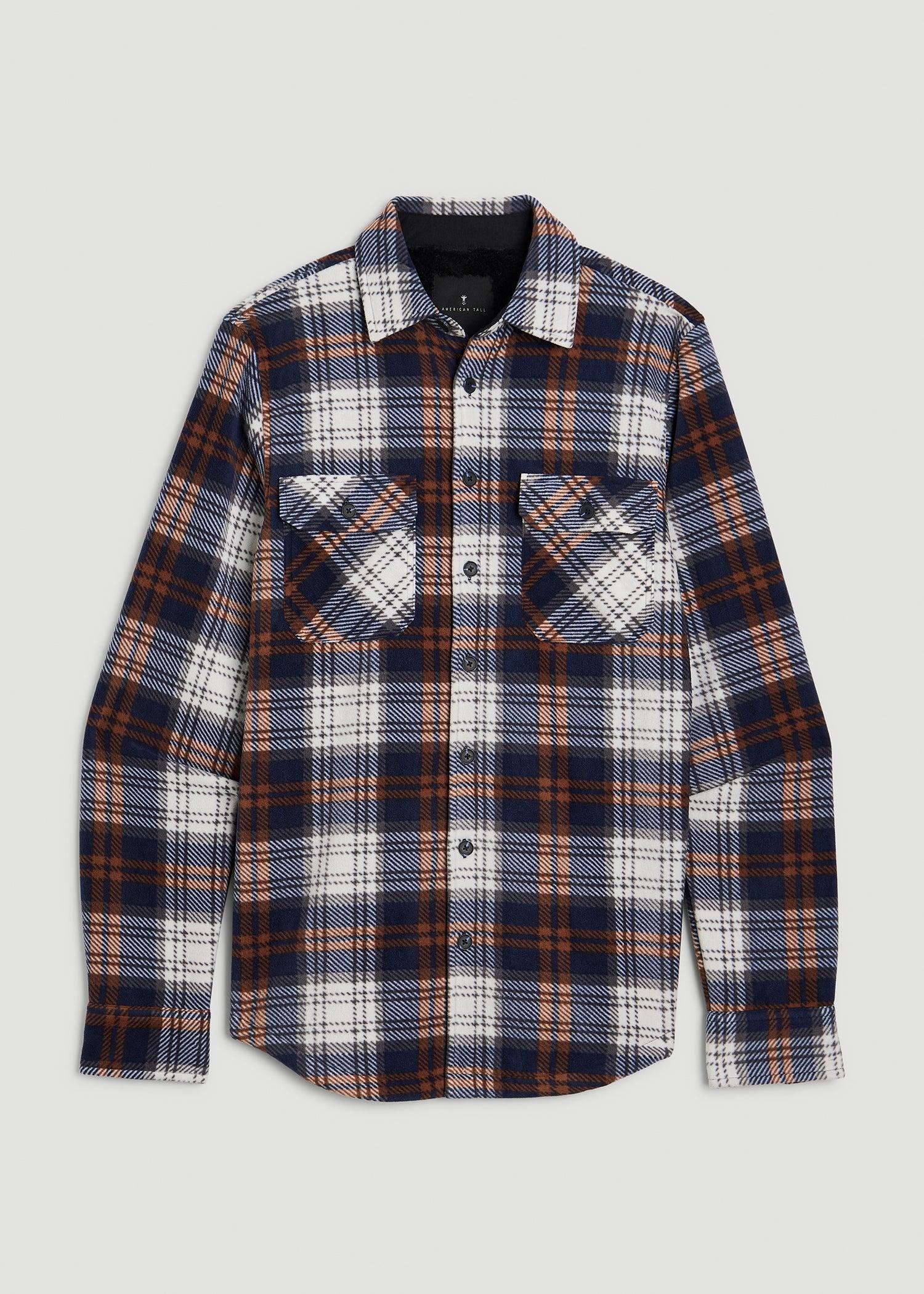 Sherpa-Lined Fleece Overshirt for Tall Men in Navy & Orange Plaid Product Image