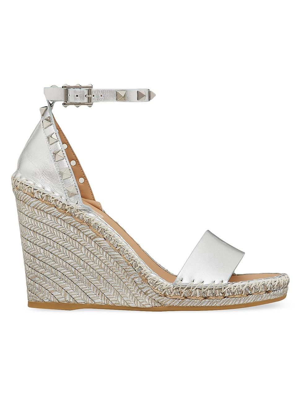 Womens Rockstud Double Wedge Sandals in Metallic Nappa Leather 95 mm Product Image