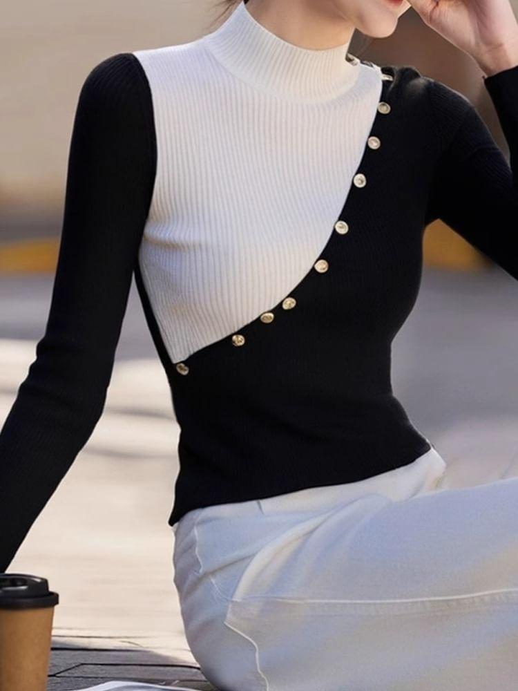 Long-Sleeve Mock Neck Two Tone Knit Top Product Image