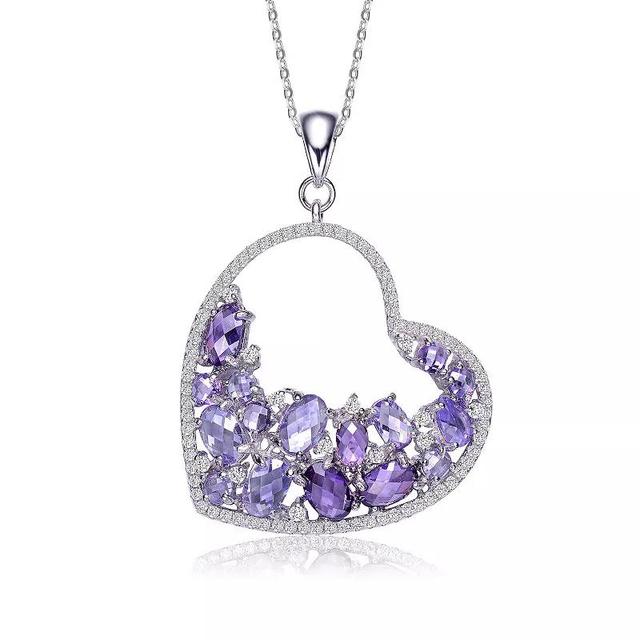 Sterling Silver Purple & Clear Round Cubic Zirconia Open Heart Necklace, Womens Product Image