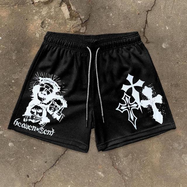 Heaven Sent Cross Art Graphic Casual Street Mesh Shorts Product Image