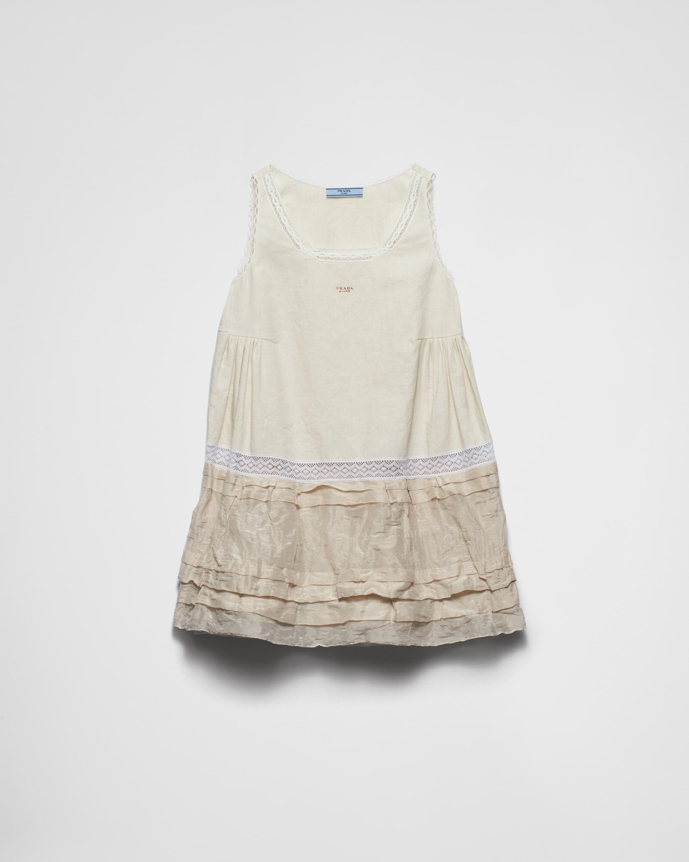 Embroidered linen and antique silk mini-dress Product Image