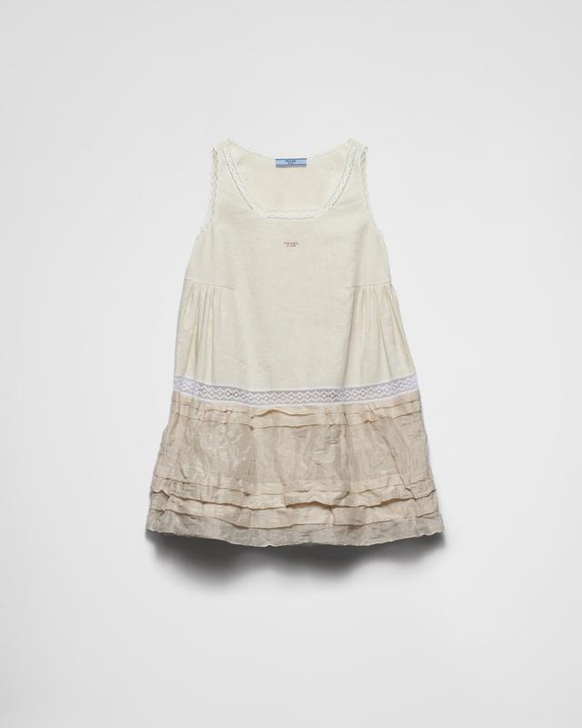 Embroidered linen and antique silk mini-dress Product Image