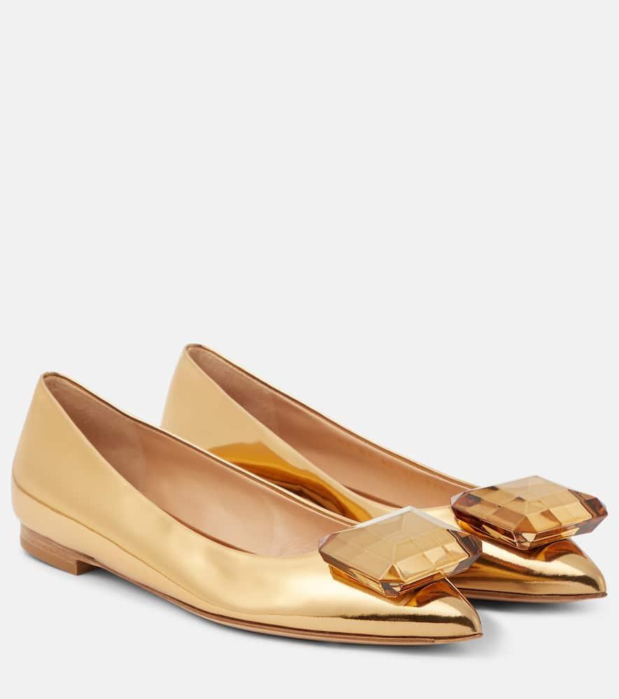 GIANVITO ROSSI Metallic Leather Jewel Ballerina Flats In Gold Product Image