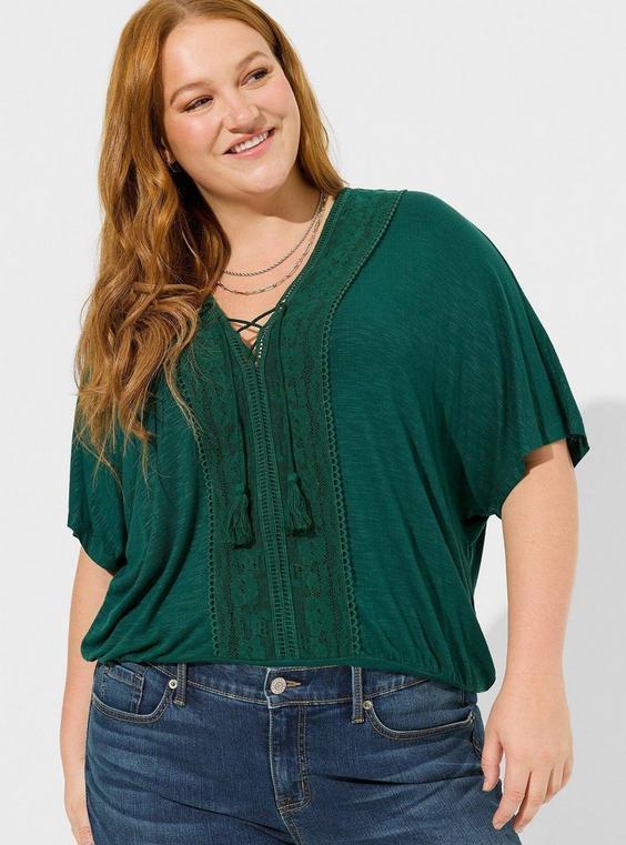 Textured Jersey V-Neck Lace Up Banded Dolman Top Product Image