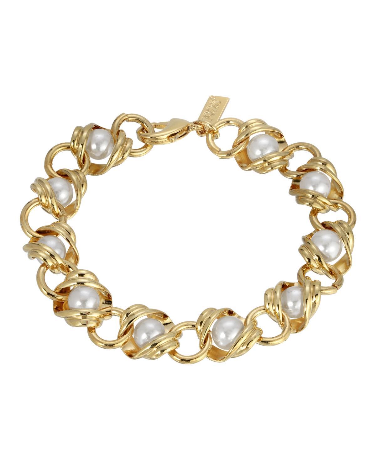 1928 Gold Tone Chain Link Bracelet with Simulated Pearl, Womens, White Product Image